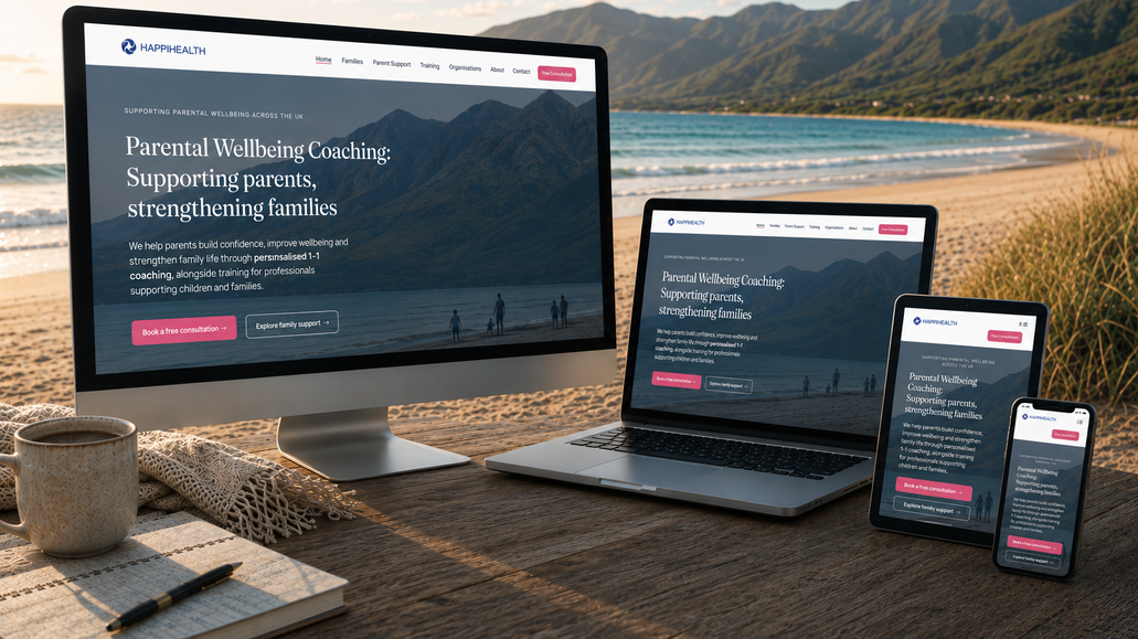 HappiHealth: HappiHealth – Website Redesign

We worked with HappiHealth to redesign their website, creating a professional, welcoming and modern online presence focused on parental wellbeing coaching and family support.

The new website was designed to clearly communicate HappiHealth’s services while creating a calm and supportive user experience for parents, families, professionals and organisations. We introduced a cleaner structure, stronger calls to action and improved navigation, making it easier for visitors to understand the support available and book a free consultation.

The redesign was also fully optimised across desktop, tablet and mobile, ensuring a consistent and professional experience on every device.

Services provided: Wix Website Redesign · Responsive Web Design · Mobile Optimisation · UX & Layout Design · Content Structure · Call-to-Action Optimisation