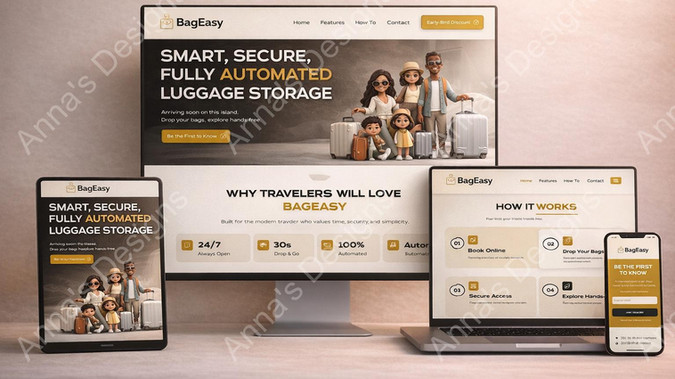 BagEasy: Coming Soon • Landing Page

BagEasy is a smart, secure, fully automated luggage storage service designed for modern travelers visiting Santorini.

As the business prepared for its official launch, the client needed a coming-soon landing page to build awareness and establish an early online presence.
The page was designed with animated elements and custom character illustrations representing travelers, couples, and families — a direct reflection of the service's audience.

Result: The final result was a modern, eye-catching coming-soon page that introduces the brand effectively and builds excitement ahead of launch. The client was extremely happy with the outcome.