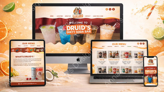 Druid's Dirty Soda Bar: Beverage • Creative Build

Druid's Dirty Soda Bar is a specialty beverage business offering creative “dirty soda” drinks with unique flavor combinations. 

The brand wanted a fun, fresh, and visually engaging online presence that matched the playful nature of the business.

The complete website was built with a heavy focus on creative design details — custom graphic elements, playful icons, and visual accents such as fruit illustrations, lemon and orange splashes, and colorful design touches. Fun and energetic, while remaining easy to navigate.

Result: The client was really happy and left wonderful feedback!