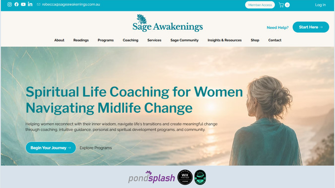 Sage Awakenings: We worked with Sage Awakenings™, a personal and spiritual development brand founded by Rebecca Gabrielle, to create a refined digital experience supporting women navigating midlife, personal growth and meaningful life transitions.

The project involved a comprehensive website redesign and restructure, with a strong focus on creating a warm, premium and intuitive user experience while bringing together Sage Awakenings’ growing ecosystem of coaching, programs, intuitive readings, community experiences, events, resources and products.

A key part of the project was developing the digital structure for The S.E.E. Way™, Sage Awakenings’ signature 12-month personal and spiritual development journey. Dedicated program experiences were created for The Way of Simplicity, The Path of Enlightenment and The Art of Personal Evolution, with clear content architecture, navigation and conversion pathways designed to help women understand the different stages of the journey and choose the most relevant way to participate.

The wider website was structured to support multiple areas of the business, including personal coaching, Tarot and Oracle card readings, energy healing, retreats, events, the Sage Community, online groups, membership experiences, insights and ecommerce. Wix CMS functionality was incorporated across key areas to provide scalable content management and maintain a consistent presentation as the platform continues to grow.

SEO and GEO were also a major focus of the project. We developed a comprehensive search strategy centred around spiritual life coaching and personal growth for women in midlife, including page-level keyword targeting, metadata optimisation, heading structures, image alt text, internal linking and structured data. Organisation and breadcrumb schema were implemented to strengthen search engine understanding of the Sage Awakenings brand, its founder, services, programs and wider website ecosystem.

Key outcomes:
- Complete Wix website redesign and strategic content restructure
- Premium, responsive UX designed around women in midlife
- Digital architecture for The S.E.E. Way™ and its three development phases
- Dedicated experiences for coaching, readings, healing, community, events and retreats
- CMS-driven content structures for scalable website management
- Wix ecommerce integration for books, card decks, resources and gift vouchers
- Community, membership and online program integration
- Conversion-focused enquiry, registration and program pathways
- Comprehensive SEO and GEO strategy across key website pages
- Metadata, image optimisation, internal linking and structured data implementation
- Mobile optimisation and consistent brand presentation across the website
