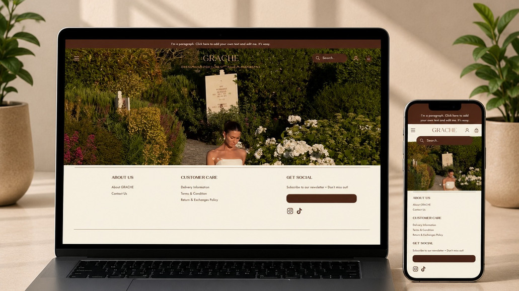 GRACHE – Luxury Fashion eCommerce Website: Designed and developed the GRACHE website from scratch on Wix to create a refined online shopping experience that reflects the brand's modern approach to fashion and premium retail. The objective was to build an elegant eCommerce platform where the products take center stage while delivering a seamless and enjoyable shopping journey from the very first visit.
Every page was carefully crafted to balance aesthetics with usability. From the homepage and collection pages to the product presentation and shopping flow, the website was structured to showcase the brand with clarity and sophistication. Clean layouts, thoughtful spacing, and intuitive navigation work together to create a premium browsing experience that encourages customers to explore the collections with confidence.
Built with a mobile-first approach, the website delivers a fast, responsive, and consistent experience across all devices. More than just an online store, it serves as a strong digital storefront that enhances the brand's identity, builds customer trust, and provides a scalable foundation for long-term eCommerce growth.