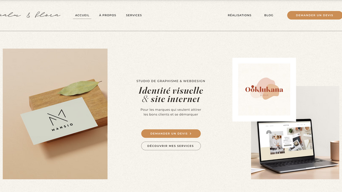  Palm & Flora – Site du studio: Conception et réalisation du site internet de mon studio Palm & Flora, dédié à l’identité visuelle et à la création de sites web sur mesure.

Ce site a été pensé comme une véritable vitrine de mon univers, avec pour objectif de refléter mon approche créative, mon sens du détail et la qualité des projets que j’accompagne.

✦ Direction artistique et design sur mesure
✦ Conception de l’expérience utilisateur (UX/UI)
✦ Structuration des contenus pour une navigation fluide
✦ Optimisation responsive (mobile, tablette, desktop)
✦ Mise en valeur des réalisations et des offres

Ce projet me permet aujourd’hui de présenter mon travail de manière cohérente et d’attirer des clients sensibles à une image de marque élégante et professionnelle.

👉 www.palmandflora.fr