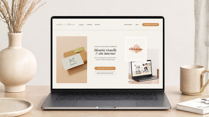  Palm & Flora – Site du studio: Conception et réalisation du site internet de mon studio Palm & Flora, dédié à l’identité visuelle et à la création de sites web sur mesure.

Ce site a été pensé comme une véritable vitrine de mon univers, avec pour objectif de refléter mon approche créative, mon sens du détail et la qualité des projets que j’accompagne.

✦ Direction artistique et design sur mesure
✦ Conception de l’expérience utilisateur (UX/UI)
✦ Structuration des contenus pour une navigation fluide
✦ Optimisation responsive (mobile, tablette, desktop)
✦ Mise en valeur des réalisations et des offres

Ce projet me permet aujourd’hui de présenter mon travail de manière cohérente et d’attirer des clients sensibles à une image de marque élégante et professionnelle.

👉 www.palmandflora.fr