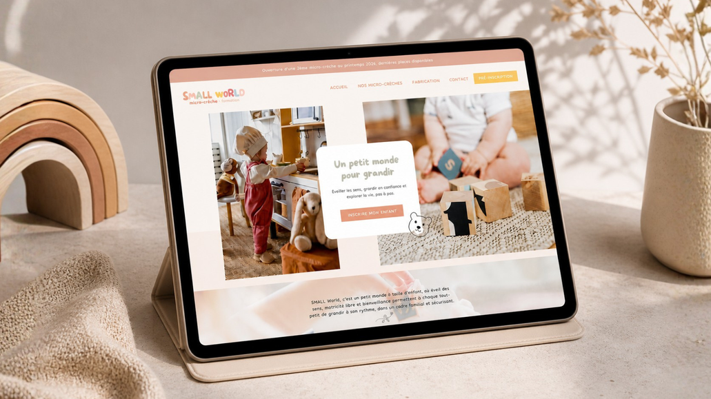 Small World – Site internet de micro-crèche: Création du site internet Small World, une micro-crèche dédiée à l’éveil et au développement des jeunes enfants.

L’objectif était de concevoir un site à la fois doux, rassurant et accessible, permettant aux parents de découvrir l’univers de la structure tout en facilitant la prise de contact et les pré-inscriptions.

✦ Conception de l’expérience utilisateur (UX/UI)
✦ Direction artistique adaptée à l’univers de la petite enfance
✦ Création d’un design chaleureux, ludique et rassurant
✦ Structuration des contenus pour une navigation claire
✦ Mise en place d’un parcours orienté prise de contact
✦ Optimisation responsive (mobile, tablette, desktop)

Ce projet permet aujourd’hui à Small World de valoriser son approche pédagogique et d’offrir une expérience en ligne fluide et rassurante pour les familles.