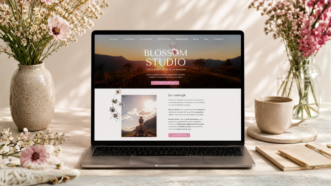 Blossom Studio – Yoga & bien-être en ligne: Création du site internet Blossom Studio, une plateforme de yoga et de bien-être en ligne dédiée à une pratique douce, accessible et immersive.

L’objectif était de concevoir un univers digital apaisant et inspirant, permettant de présenter les cours, ressources et abonnements tout en reflétant l’identité florale et féminine de la marque.

✦ Conception de l’expérience utilisateur (UX/UI)
✦ Direction artistique douce et immersive
✦ Création d’un design floral et harmonieux
✦ Mise en place d’un système d’abonnements en ligne
✦ Structuration des contenus pour une navigation fluide
✦ Optimisation responsive (mobile, tablette, desktop)

Ce site permet aujourd’hui de proposer une expérience bien-être complète et intuitive accessible depuis n’importe quel appareil.
