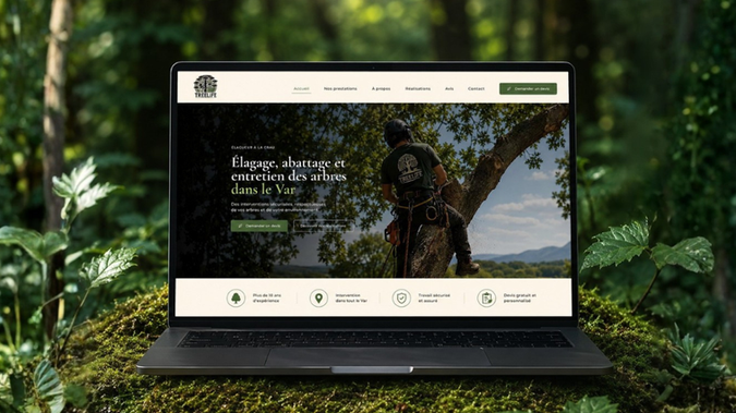 Treelife – Site internet pour un élagueur: Création du site internet TREELIFE, entreprise spécialisée dans l’élagage, l’abattage et l’entretien des arbres à La Crau et dans le Var.

L’objectif était de concevoir un site moderne, rassurant et orienté conversion, permettant de valoriser le savoir-faire de l’entreprise tout en facilitant la prise de contact.

Le projet comprend un webdesign sur mesure inspiré de l’univers végétal, une navigation fluide, une structure pensée pour l’expérience utilisateur ainsi qu’un référencement naturel optimisé pour développer la visibilité locale sur Google.

Le site présente l’ensemble des prestations de l’entreprise, met en avant ses réalisations, ses engagements et son expertise afin d’instaurer rapidement un climat de confiance avec les futurs clients.

Prestations réalisées :
✦ Webdesign sur mesure
✦ Optimisation SEO
✦ Rédaction des contenus
✦ Optimisation Google Business Profile
✦ Responsive (mobile & tablette)
✦ Accompagnement à la mise en ligne