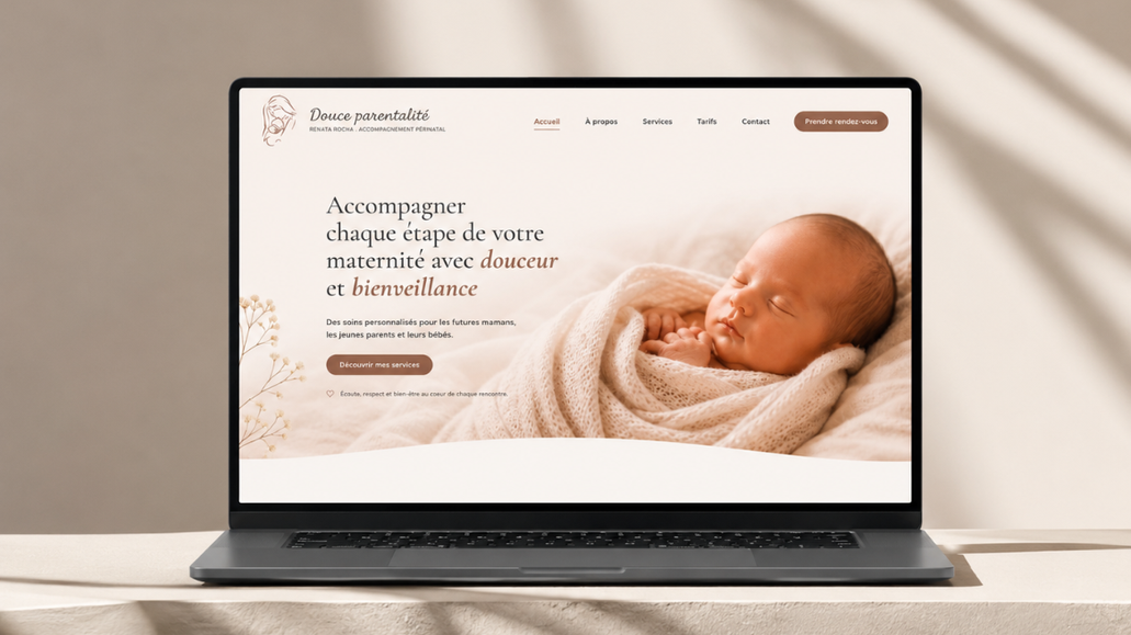 Douce parentalité – Site internet périnatal: Création du site internet la Douce Parentalité, un espace dédié à l’accompagnement des futurs et jeunes parents, proposant des prestations autour du bien-être de la femme, du bébé et de la parentalité.

L’objectif était de concevoir un site à la fois doux, rassurant et professionnel, reflétant pleinement l’univers bienveillant de la praticienne tout en facilitant la découverte de ses accompagnements et la prise de rendez-vous.

Le projet comprend un webdesign sur mesure, une navigation fluide, une structure pensée pour l’expérience utilisateur ainsi qu’un référencement naturel optimisé afin d’améliorer sa visibilité locale en Belgique.

Le site met en avant les différents accompagnements proposés : massage prénatal, massage postnatal, bain thérapeutique bébé, réflexologie bébé et enfants, accompagnement périnatal ainsi que le rééquilibrage énergétique, dans un univers cohérent, apaisant et intuitif.

Prestations réalisées :
✦ Webdesign sur mesure
✦ Refonte complète du site Wix
✦ Optimisation SEO
✦ ⁠Rédaction des contenus
✦ Création d’icônes personnalisées
✦ Optimisation des images
✦ Responsive (mobile & tablette)