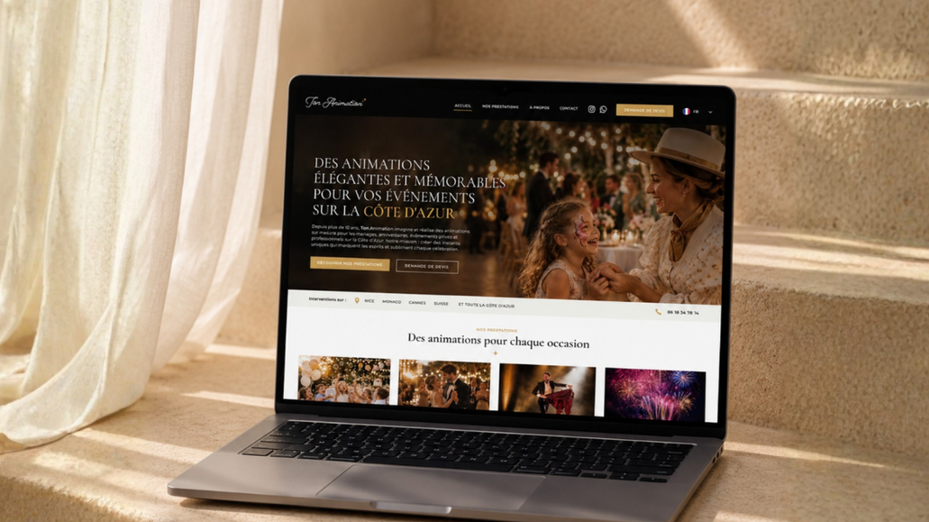 Ton Animation – Création de site vitrine: Création d’un site vitrine pour Ton Animation, spécialiste de l’animation événementielle pour les particuliers et les professionnels.

L’objectif était de concevoir un site moderne, dynamique et immersif, capable de retranscrire l’univers festif de l’entreprise tout en présentant clairement ses différentes prestations.

✦ Création complète du site internet sur Wix
✦ Conception de l’expérience utilisateur (UX/UI)
✦ Création d’un design dynamique en cohérence avec l’identité de la marque
✦ Structuration et mise en valeur des différentes prestations
✦ Optimisation responsive (mobile, tablette, desktop)
✦ Mise en place d’un parcours utilisateur simple et efficace  

Ce projet a permis à Ton Animation de disposer d’une vitrine digitale professionnelle, attractive et pensée pour faciliter la découverte de ses prestations et la prise de contact.

👉 Vous avez un projet de site vitrine ? Je vous accompagne de la conception à la mise en ligne.
