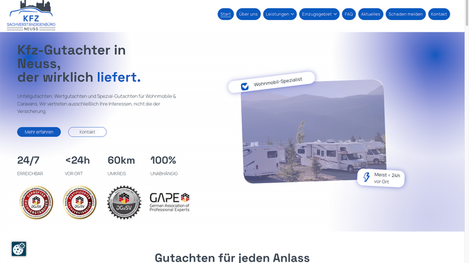 KFZ Sachverständigenbüro Neuss | Gutachter: Das KI-Logo haben wir durch ein echtes ersetzt, dazu Website mit eigenen Seiten für Düsseldorf, Dormagen und Grevenbroich. 162 Besucher in den ersten drei Tagen nach Launch.