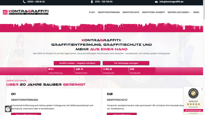 KontraGraffiti | Graffitientfernung: Umzug von Contao zu Wix, bestehende CI neu interpretiert. Keine Update-Kosten mehr, und den Blog füllen wir laufend passend zum Social-Media-Content.