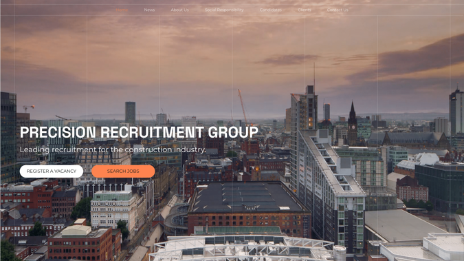 Precision Recruitment Group: A bold, modern site for Precision Recruitment Group, built around a black-white-orange palette, strong typographic hierarchy, and a clear grid. Elegant scroll effects and crisp iconography add polish and guide users smoothly through vacancies, news, and calls-to-action