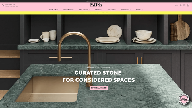 Patina: A bold product-led website designed to make exploring premium surfaces feel effortless. Built around curated material collections and large-format imagery, the experience pairs clear navigation with practical touchpoints such as filtering, sample requests and appointment bookings, all wrapped in a confident, modern visual identity.