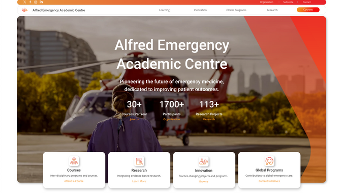 AEAC: A new website & brand development project for Alfred Emergency Academic Centre.
Operating Australasia’s busiest trauma centre, a major metropolitan emergency department and a community-based emergency department treating adult and paediatric patients, Alfred Health is a leader in the provision of emergency and trauma care. Our inter-disciplinary team works together to provide timely, quality care. Based on this ethos we have developed a broad range of education and knowledge exchange activities open to all healthcare professionals and delivered in collaboration with Monash University.