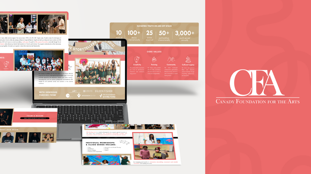 Canady Foundation for the Arts: The Canady Foundation for the Arts (CFA) is a DC-based 501(c)3 nonprofit that shapes underrepresented storytellers ages 3-18 through culturally responsive arts education, theatre, and media training—equipping them with the creative, professional, and leadership skills needed to tell authentic stories and succeed in the creative workforce.

Liz Carroll Designs refreshed CFA's web presence, prioritizing clear presentation of the nonprofit's vast programming for site viewers and potential customers while maintaining the organization's youthful, joyful energy through custom patterns and hand-drawn brand icons. 