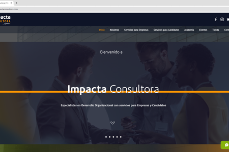 Impacta Consultora: Hemos diseñado y desarrollado el sitio web de Impacta Consultora, una firma especializada en Desarrollo Organizacional con presencia en México y Uruguay.  

El sitio web ofrece una experiencia de usuario intuitiva y funcional, incluyendo:  

- Página de inicio: Presenta una visión general de los servicios y la misión de la empresa, destacando su compromiso con el desarrollo del capital humano y la mejora continua.  

- Sección "Nosotros": Describe la historia y el enfoque de Impacta Consultora, enfatizando su dedicación a fortalecer equipos y organizaciones a través de soluciones personalizadas.  

- Servicios para Empresas: Detalla las soluciones ofrecidas, como Team Building, Cursos y Capacitaciones, Formación de Facilitadores, Reclutamiento y Selección, Consultoría Especializada y Mejora Continua.  

- Servicios para Candidatos: Proporciona recursos para fortalecer, impulsar o redireccionar carreras profesionales, incluyendo ofertas laborales, carga de currículos y programas de formación.  

- Academia: Ofrece programas educativos y de formación para el desarrollo profesional.  

- Eventos: Informa sobre eventos organizados por Impacta Consultora, como talleres, seminarios y conferencias.  

- Tienda: Permite la adquisición de productos y servicios relacionados con el desarrollo organizacional.  

- Blog: Presenta artículos y recursos sobre temas relevantes en el ámbito del desarrollo organizacional.  

- Sección de contacto: Proporciona información de contacto, ubicación y un formulario para consultas directas, facilitando la comunicación con los clientes.  

El diseño es responsivo, asegurando una navegación óptima en dispositivos móviles y de escritorio, y refleja la identidad de la marca con una estética profesional y moderna.