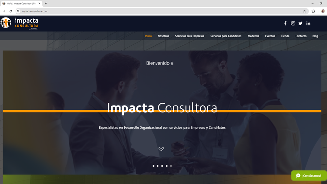 Impacta Consultora: Hemos diseñado y desarrollado el sitio web de Impacta Consultora, una firma especializada en Desarrollo Organizacional con presencia en México y Uruguay.  

El sitio web ofrece una experiencia de usuario intuitiva y funcional, incluyendo:  

- Página de inicio: Presenta una visión general de los servicios y la misión de la empresa, destacando su compromiso con el desarrollo del capital humano y la mejora continua.  

- Sección "Nosotros": Describe la historia y el enfoque de Impacta Consultora, enfatizando su dedicación a fortalecer equipos y organizaciones a través de soluciones personalizadas.  

- Servicios para Empresas: Detalla las soluciones ofrecidas, como Team Building, Cursos y Capacitaciones, Formación de Facilitadores, Reclutamiento y Selección, Consultoría Especializada y Mejora Continua.  

- Servicios para Candidatos: Proporciona recursos para fortalecer, impulsar o redireccionar carreras profesionales, incluyendo ofertas laborales, carga de currículos y programas de formación.  

- Academia: Ofrece programas educativos y de formación para el desarrollo profesional.  

- Eventos: Informa sobre eventos organizados por Impacta Consultora, como talleres, seminarios y conferencias.  

- Tienda: Permite la adquisición de productos y servicios relacionados con el desarrollo organizacional.  

- Blog: Presenta artículos y recursos sobre temas relevantes en el ámbito del desarrollo organizacional.  

- Sección de contacto: Proporciona información de contacto, ubicación y un formulario para consultas directas, facilitando la comunicación con los clientes.  

El diseño es responsivo, asegurando una navegación óptima en dispositivos móviles y de escritorio, y refleja la identidad de la marca con una estética profesional y moderna.