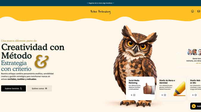 Bubo Branding: Hemos diseñado y desarrollado el sitio web de Bubo Branding, una agencia creativa especializada en branding ubicada en Buenos Aires, Argentina. 

El sitio web ofrece una experiencia de usuario intuitiva y funcional, incluyendo:

- Página de inicio: Presenta una visión general de los servicios y la misión de la empresa, destacando su compromiso con la creatividad y la gestión de marca.

- Sección "Nosotros": Describe la historia de Bubo Branding, su misión de crear y desarrollar estrategias de branding creativas, y su visión de ganar reconocimiento por la lealtad de sus clientes y su compromiso íntegro. 

- Página de "Servicios": Detalla las soluciones de marketing B2B y B2C ofrecidas, como marketing digital, diseño web, gestión de redes sociales, diseño de marca y branding, adaptadas a las necesidades, presupuesto y tiempo de los clientes. 

- Sección de "Consultoría Online": Ofrece asesoramiento en línea para que los clientes reciban orientación en proyectos, capacitaciones o resolución de inquietudes relacionadas con marketing digital. 

- Página de "Eventos": Informa sobre eventos presenciales o virtuales organizados por Bubo Branding, creando espacios ideales para el networking y el aprendizaje en marketing. 

- Blog informativo: Presenta artículos relacionados con marketing digital y emprendimiento, compartiendo aprendizajes y consejos para el crecimiento de los negocios.

- Sección de "Contacto": Proporciona información de contacto, ubicación y un formulario para consultas directas, facilitando la comunicación con potenciales clientes. 

El diseño es responsivo, asegurando una navegación óptima en dispositivos móviles y de escritorio, y refleja la identidad de la marca con una estética limpia y profesional. 