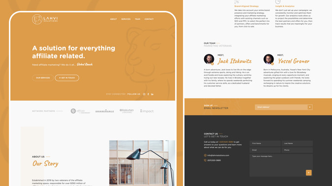 Lahvi Solutions: Lahvi Solutions is an affiliate marketing firm that brought me onboard to design, develop and launch their web experience. I was tasked with designing a consumer-facing landing page experience on the Wix platform that would serve as a gateway to client acquisition.

I was responsible for the UI(user-interface) and UX(user-experience) design, encompassing phases of discovery, gathering requirements, business strategy, competitor analysis, user-research, wire-framing and prototyping, usability testing and creating a design system for the Brand. On the development and launch side, I translated the design into a fully functional Wix website, including animations and interactive touch-points throughout the experience.

I successfully launched the first web experience for Lahvi Solutions which assisted in capturing business for the Firm with leading brands like Highlights©.