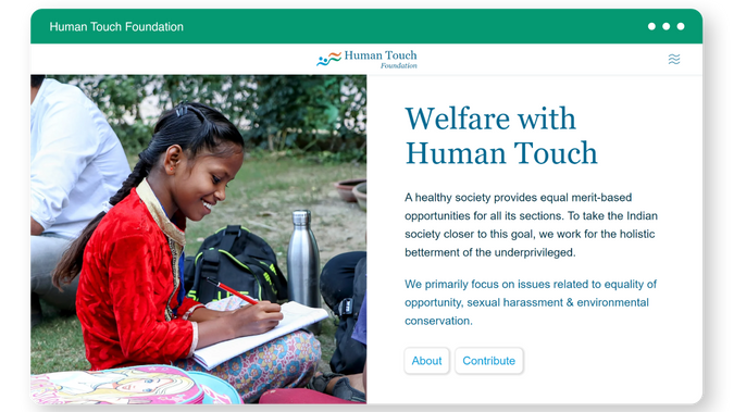 Human Touch Foundation: Built on Wix Studio. View evidence of Branding, CMS, Copywriting, and SEO. Ranks for highly competitive search terms like "NGO in Greater Noida."