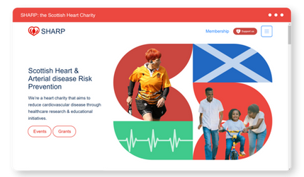 SHARP: Scottish Heart Charity: Built on Wix Studio. View evidence of Branding, CMS, Copywriting, Custom Code, and SEO. Ranks for highly competitive search terms like "Scottish Heart Charities."
