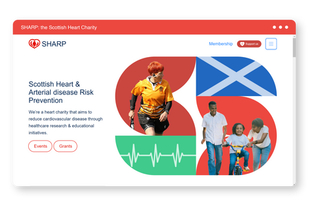 SHARP: Scottish Heart Charity: Built on Wix Studio. View evidence of Branding, CMS, Copywriting, Custom Code, and SEO. Ranks for highly competitive search terms like "Scottish Heart Charities."