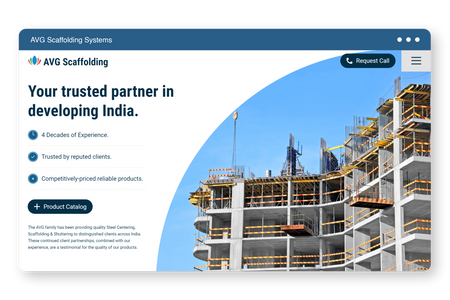 AVG Scaffolding: Built on Wix Studio. View evidence of Branding, CMS, Copywriting, Custom Code, and SEO. Ranks for highly competitive search terms like "cuplock scaffolding manufacturer in Noida."