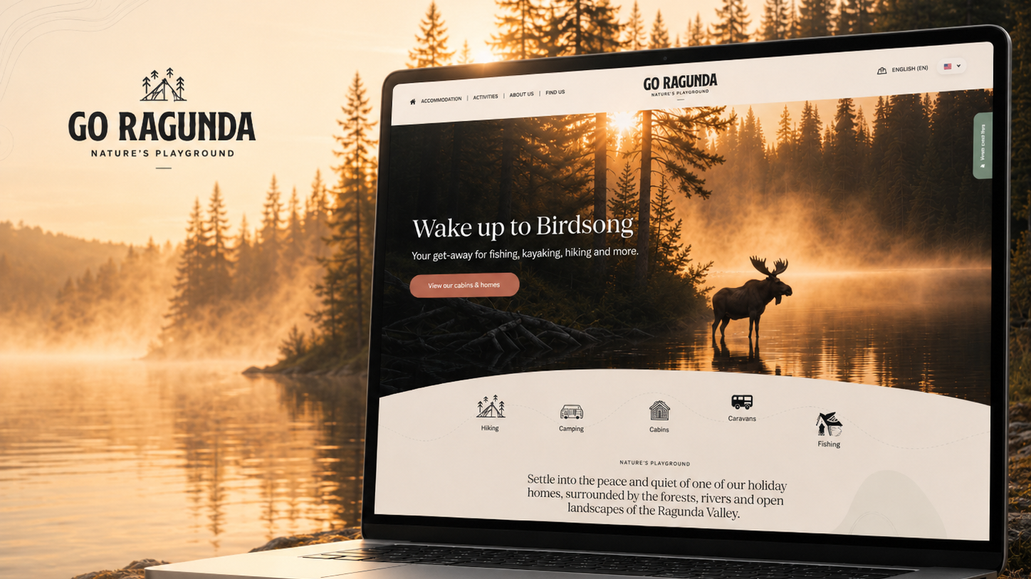 Go Ragunda: Multilingual website design, development, logo and branding for holiday homes in Sweden’s Ragunda Valley. A warm, nature-led visual identity and clear structure help visitors explore the accommodations, activities and surrounding landscape.
