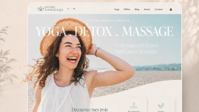 Studio d'Angelique: Multilingual website design, logo design and brand identity for Studio D’Angelique, a yoga, detox and massage practice in France.