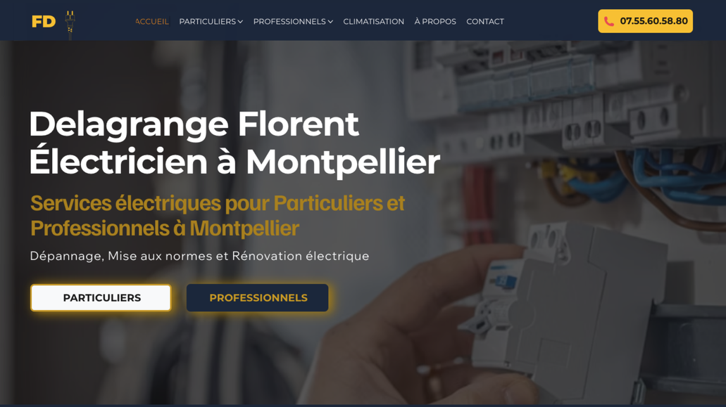 Florent Delagrange Électricien: Conception de site Wix Studio clefs-en-mains : brief stratégie, charte graphique, optimisation du contenu restructuré pour un plus fort impact sur l'expérience utilisateur + Seo / retouches-conception de visuels / optimisation mobile / Mails automatiques / Maintenance 
