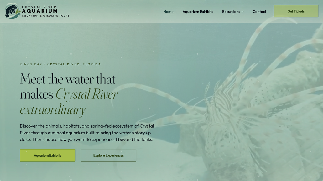 CR Aquarium: Designed and structured a custom Wix Studio website for a growing aquarium and water-based experience destination in Crystal River, Florida.

The project focused on organizing multiple visitor experiences, tours, attractions, and booking opportunities into a clearer digital ecosystem. I reworked the information architecture, visitor pathways, content hierarchy, and visual direction so users could more easily understand what was available and move from discovery to exploration.

The result is a cohesive, scalable website that supports a broader family of experiences while building a stronger foundation for future growth.