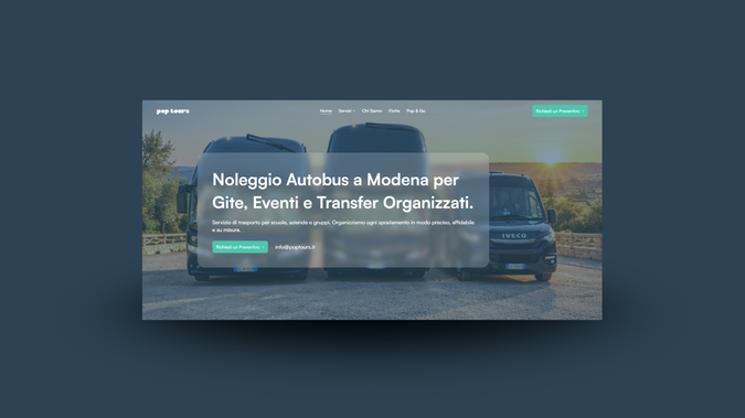 Pop Tours: Piattaforma di noleggio autobus con conducente per eventi. Sistema di prenotazione online.