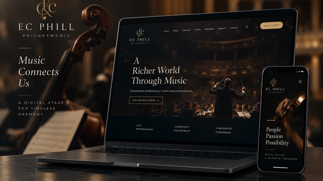 EC philharmonic : We designed and developed a refined, professional website for EC Phill, focusing on a clean visual identity, clear service communication, and a seamless user experience across desktop and mobile.

The website combines elegant layouts, carefully selected imagery, intuitive navigation, and a warm, premium colour palette to create a credible and established digital presence. Every section was structured to make the brand easier to understand, strengthen trust, and guide visitors naturally towards enquiry and engagement.

Our work included responsive web design, UI/UX development, content presentation, visual consistency, mobile optimisation, and overall brand enhancement.
