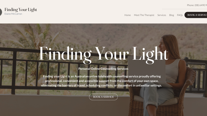 Finding Your Light: Advanced website design for an online therapist, including SEO and Accessibility, Site Speed optimisation. The site includes a content management system (Wix CMS) and Wix Bookings. 