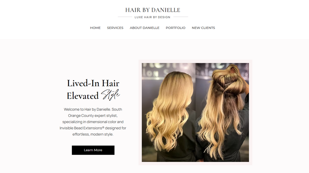 Hair by Danielle Davies: A South Orange County hair stylist specializing in dimensional color and Invisible Bead Extensions needed a clean, editorial website that reflected her artistry and streamlined her new client process. We designed a visually driven site that showcases her portfolio, clearly communicates her services, and guides potential clients through a structured booking flow from the moment they land on the page.
