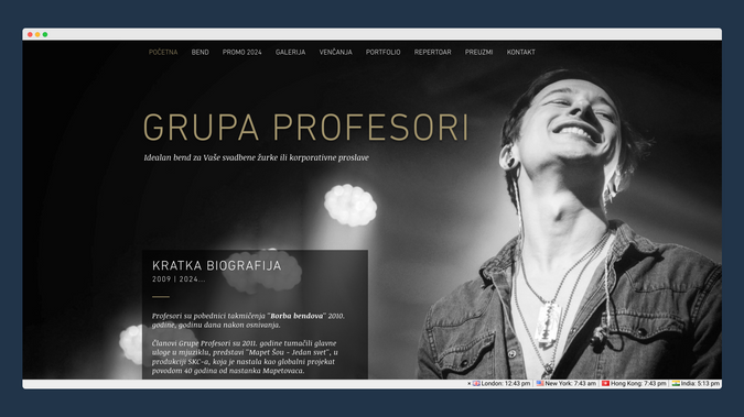 Grupa Profesori: The professors are the winners of the "Battle of the Bands" competition in 2010, one year after the establishment. ​ In 2011, members of the Professors Group played the main roles in the musical, the play "Muppet Show - One World", produced by SKC, which was created as a global project on the occasion of the 40th anniversary of the creation of the Muppets. ​ At the festival in Vrnjačka Banja in 2012, the Professors present themselves to the general public with their first single - "Nek me nije". The song entered the final of the festival. Participation in the media and cultural life gave the Professors the opportunity to confirm their status as one of the most sought-after modern "cover" bands. Musical collaborations with numerous multinational companies followed, guest appearances on public service, and they brightened up the most beautiful moments of a large number of people, which they are particularly proud of. ​