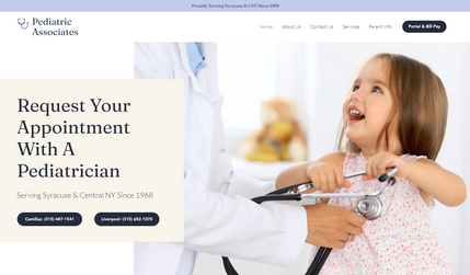 Pediatric Associates: We recently migrated the Pediatric Associates website to Wix from Weebly. This transition put them in the best position to grow the business without technological issues. 

This website contains a number of embedded HIPAA-Compliant web forms allowing patients to request information in a secure manner conveniently. 

In addition to the website being optimized for search, we also heavily emphasized making sure their business listings on both Google and Microsoft were in great shape, ensuring they show up for local searches like "pediatrician near me."

Completed Projects: New Website, Secure HIPAA-Compliant Web Forms, Office Brochure, Email Newsletter, Website SEO, Google Analytics Implementation

Ongoing Projects: Digital Advertising (Facebook Ads on Wix), Website Updates, Social Media and Search Listing Updates, Email Newsletters, Reputation Management, Job Postings, Performance Reporting