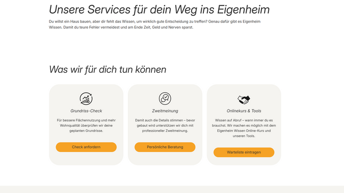 Eigenheim Wissen: Für eigenheimwissen.ch habe ich die Marke strategisch aufgebaut und ganzheitlich umgesetzt. Ich verantwortete Positionierung, CI/CD sowie das komplette Webdesign in Wix mit Fokus auf klare Nutzerführung und Conversion. Die Website wurde von Beginn an SEO-strategisch aufgebaut und in ein Social-Media-Konzept eingebettet, um nachhaltig Sichtbarkeit und Vertrauen aufzubauen. Entstanden ist eine eigenständige Wissensplattform, die komplexe Bau­themen verständlich vermittelt und gezielt Nutzeranfragen generiert. Ebenso habe ich das gesamte Tracking Set-Up mit Google Tag und  Analytics aufgesetzt.