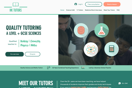 HK Tutors: A fun, interactive Online Tutoring website for GCSE, A Level and Medical School students. Tailored for taking live lesson bookings via Pay Per Lesson or Subscription Memberships, this mobile-friendly site generates bookings and encourages enquiries.