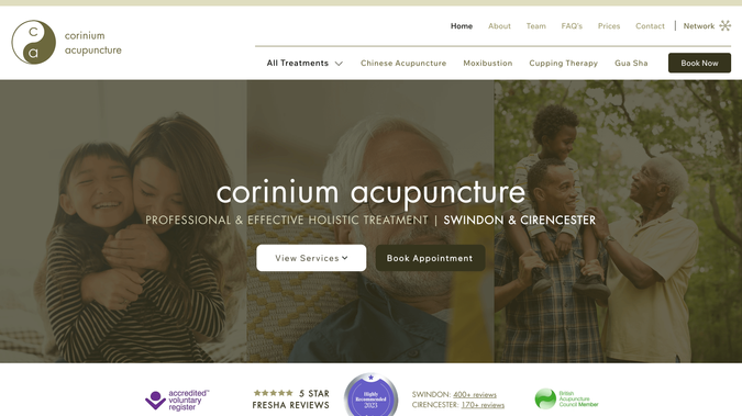 Corinium Acupuncture: This responsive redesign of an acupuncture clinic website included full website page restructuring, user experience improvements, navigation changes and SEO research / optimisation, 