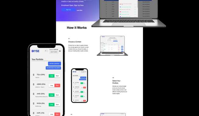DIYSE: DIYSE provides a platform to let investors stake real money to test their stock-picking skills against other investors in daily and weekly contests. A unique concept which needed a clean unique website. One look at the site and you see it is meant to be a leader in a relatively new field of apps. 