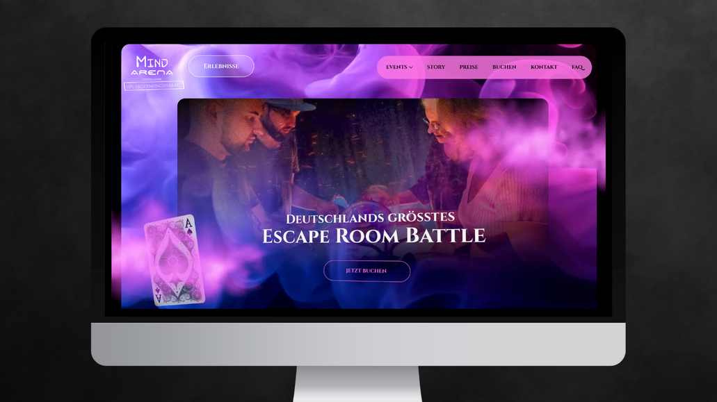 Mind Arena Düsseldorf: Für Mind Arena Düsseldorf habe ich ein visuell starkes, immersives Webdesign entwickelt, das Spannung und Erlebnis bereits online spürbar macht. Fokus lag auf User Experience, klarer Struktur und responsivem Design. 