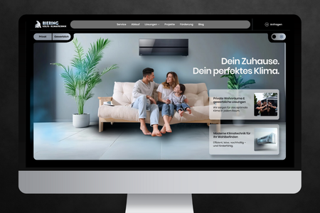 Biering Kälte-Klimatechnik: Webdesign für Biering Kälte-Klimatechnik – moderne Technik, klar inszeniert.
Für das Unternehmen Biering Kälte-Klimatechnik entstand ein nutzerorientiertes Webdesign mit Fokus auf Struktur, Klarheit und Vertrauen. Ziel war es, die technischen Lösungen greifbar zu machen – visuell ansprechend, informativ und mobil optimiert.
Umgesetzt mit Wix Studio, inklusive durchdachter UI/UX, dezenter Animationen und intuitiver Navigation.