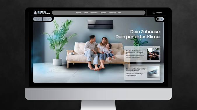 Biering Kälte-Klimatechnik: Webdesign für Biering Kälte-Klimatechnik – moderne Technik, klar inszeniert.
Für das Unternehmen Biering Kälte-Klimatechnik entstand ein nutzerorientiertes Webdesign mit Fokus auf Struktur, Klarheit und Vertrauen. Ziel war es, die technischen Lösungen greifbar zu machen – visuell ansprechend, informativ und mobil optimiert.
Umgesetzt mit Wix Studio, inklusive durchdachter UI/UX, dezenter Animationen und intuitiver Navigation.