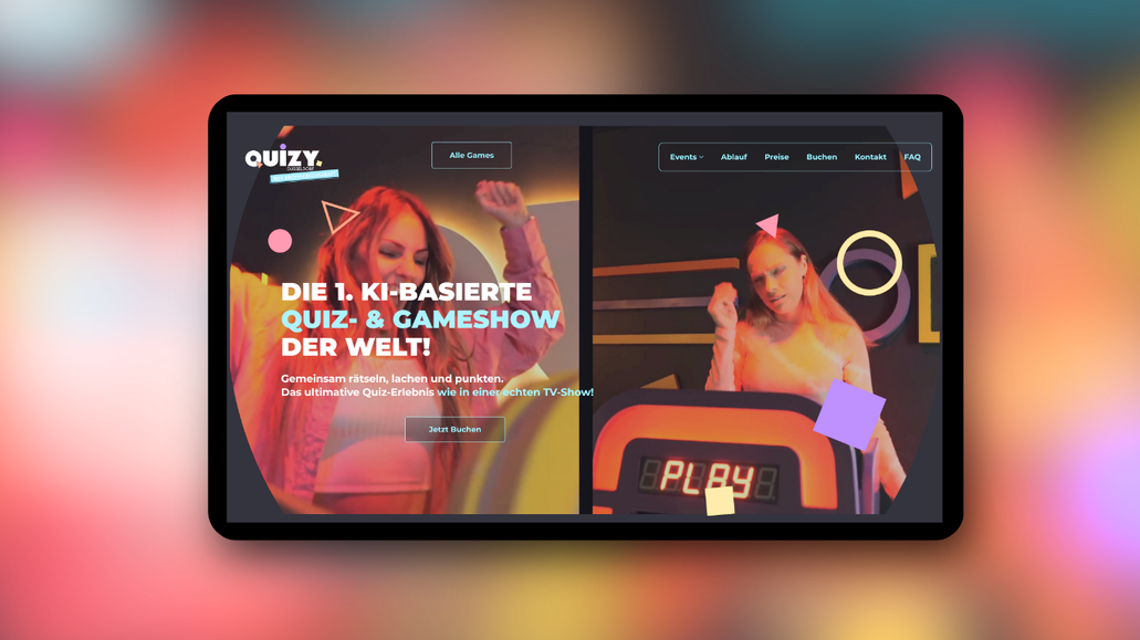 Quizy Düsseldorf: Webdesign für Quizy – die 1. KI-basierte Quiz- & Gameshow der Welt.
Für Quizy Düsseldorf habe ich eine interaktive, dynamische Website entwickelt, die das Erlebnis einer echten Gameshow digital erlebbar macht.
Verspielte Designelemente, klare Struktur und eine immersive Nutzerführung sorgen für maximale Aufmerksamkeit – realisiert mit Wix Studio.
