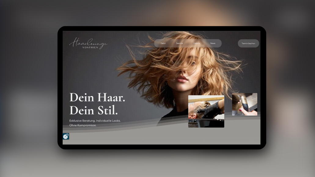 Haarlounge: Für Haarlounge Vonthien habe ich einen kompletten Website-Relaunch in Wix Studio umgesetzt. Ich habe das Design neu entwickelt und die Marke visuell geschärft.

Das Ergebnis ist eine moderne, hochwertige Salon-Website mit klarer Nutzerführung. 