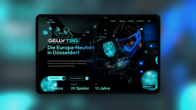 Gellytag Düsseldorf: Website in Wix Studio für GellyTag Düsseldorf, eine Indoor-Erlebnisarena mit GellyTag, Lasertag, Battle Kart, Pixel Games, Quizy und Mind Arena. Ziel war ein Auftritt, der die Energie der Location spürbar macht und Besucher schnell zur Buchung führt.

Umgesetzt habe ich ein dunkles Neon-Design mit Farbverläufen, Glasoptik und Scroll-Animationen, eine Erlebnisseite mit Videos zu jedem Spiel sowie dynamische Eventseiten (z. B. Geburtstag, Firmenevent, Mannschaftsfahrt) aus dem CMS. Dazu kamen Preise, Buchungsablauf, FAQ, ein Anfrageformular mit automatischer Benachrichtigung und die SEO-Optimierung aller Seiten. Die Website ist für Handy, Tablet und Desktop optimiert.