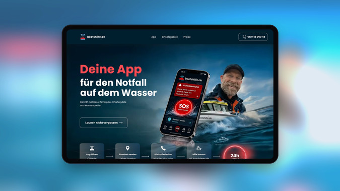 bootshilfe.de: Website für Bootshilfe.de, den 24h-Notdienst für Skipper, Chartergäste und Wassersportler auf der Mecklenburgischen Seenplatte. Ziel war eine Seite, die die neue Notfall-App vor dem Launch vorstellt und auf einen Blick erklärt, wie Hilfe auf dem Wasser funktioniert: App öffnen, Standort senden, Rückruf erhalten.

Umgesetzt habe ich ein dunkles, maritimes Design mit Signalrot als Akzent, große App-Mockups, einen klar gegliederten Ablauf in vier Schritten sowie Bereiche zu Bootsdaten, Wetter, Pegel, Sturmwarnungen und Einsatzgebiet. Die Seite ist für Handy, Tablet und Desktop optimiert und auf Vorregistrierungen ausgelegt.