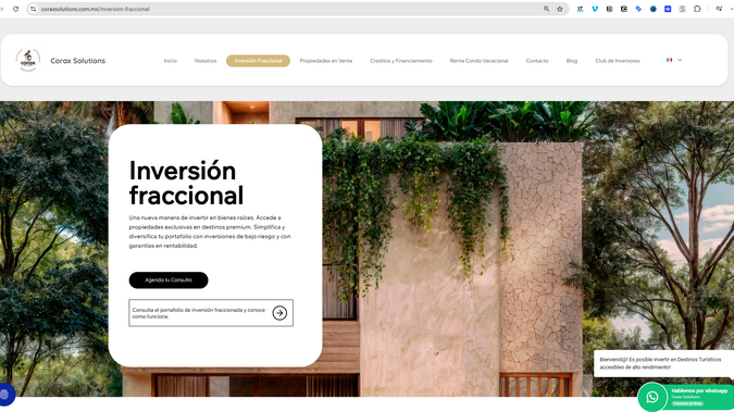 Corax Solutions: El diseño web de Corax Solutions fue planificado como una plataforma corporativa integral, que incluye landings específicas por unidad de negocio, espacios estratégicos para la promoción de proyectos y un catálogo de propiedades organizado para facilitar la exploración y conversión del usuario.