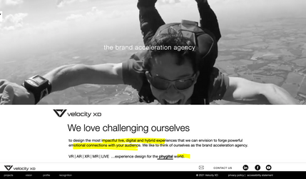 Velocity XD: New marketing website for an Experiential Event Marketing agency with a top notch client list. Site includes Wix code (Velo).