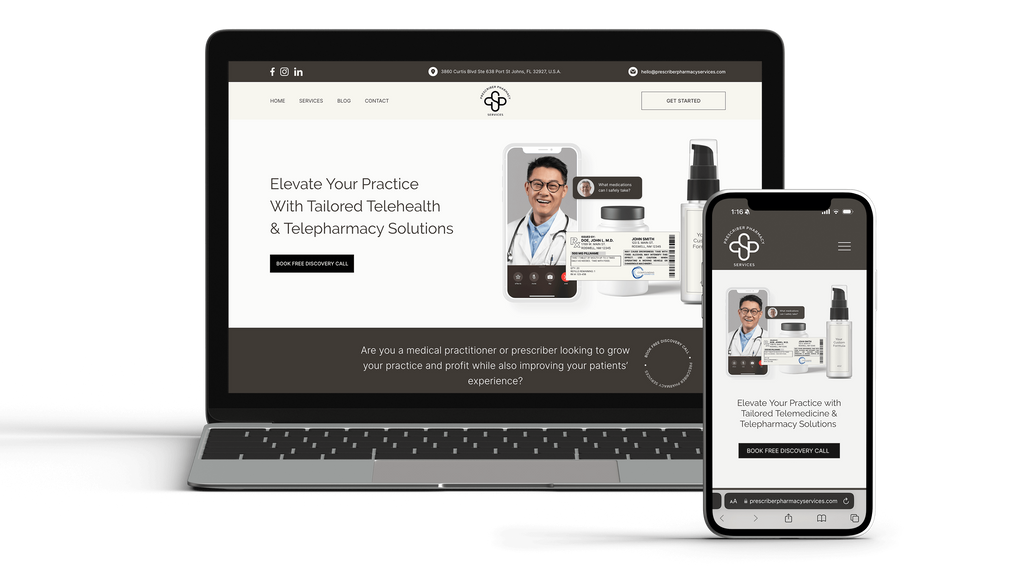 Prescriber Pharmacy Services: Prescriber Pharmacy Services — Brand Identity & One-Page Website Design (Wix Studio)

Created the logo, brand identity, and a custom one-page website in Wix Studio for Prescriber Pharmacy Services to establish a professional, trustworthy brand for healthcare providers. Designed as a landing page with intuitive navigation, the website guides visitors through the pharmacy's compounding services, key benefits, and next steps using strategic copywriting, custom graphics, and a conversion-focused layout.

Deliverables: Logo and brand identity design, custom one-page website design and development in Wix Studio, mobile-responsive layout, copywriting and content refinement, custom graphics, stock photo sourcing, UX-focused service sections, stock formula integration, and a custom post-discovery call landing page.